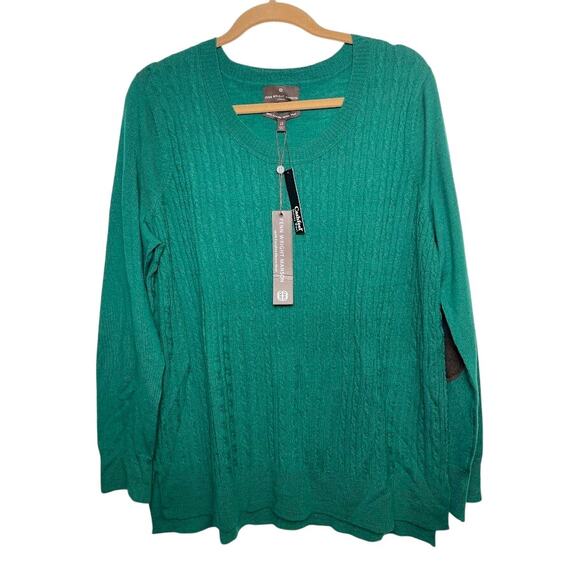 New Cashfeel Merino Wool Sweater Elbow Patch Emerald Green Pullover Plus Sz 2X - Picture 1 of 11
